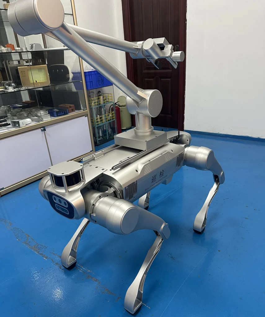 Precision aluminum robot dog chassis prototyping showcasing articulated leg joints.