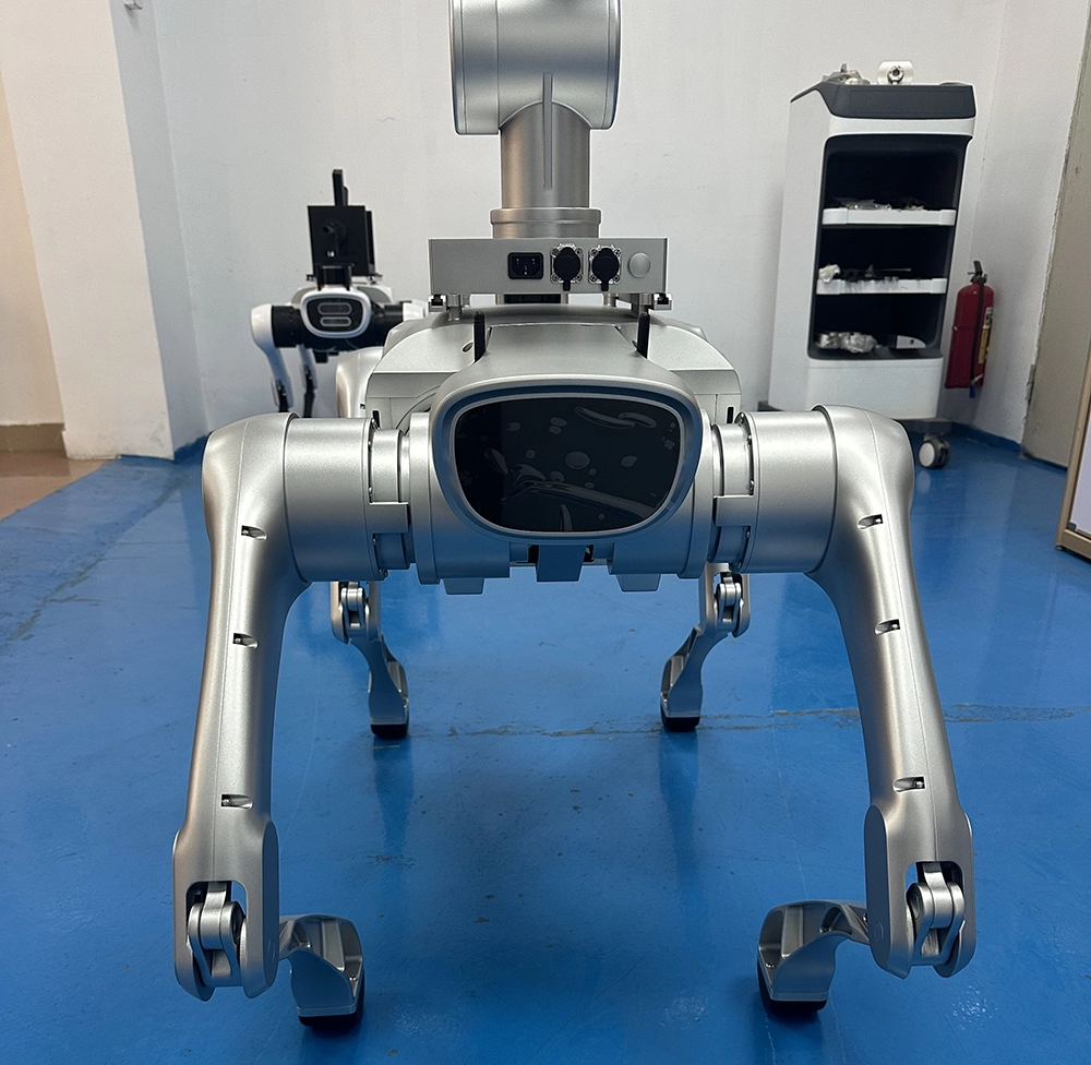 Front sensor array integration on a bionic police robot dog casing.