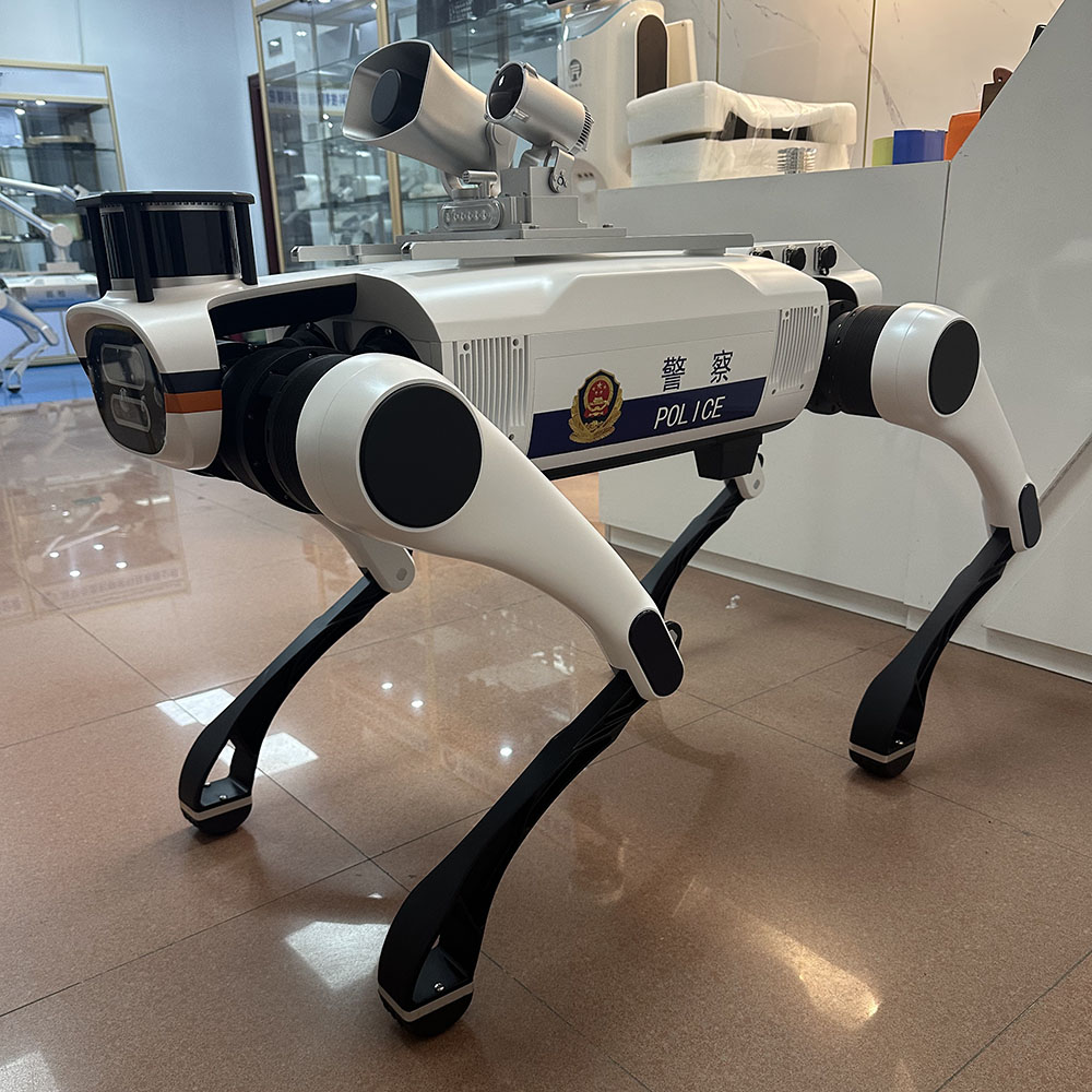 Side profile of a police reconnaissance robot mockup designed for autonomous urban patrol and surveillance.
